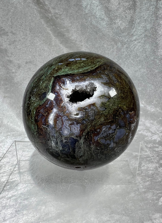 XL Druzy Moss Agate Sphere. 92mm, 2.4lbs. Stunning And Rare Red, Blue, And Green Colors. High Quality With Incredible Druzy.