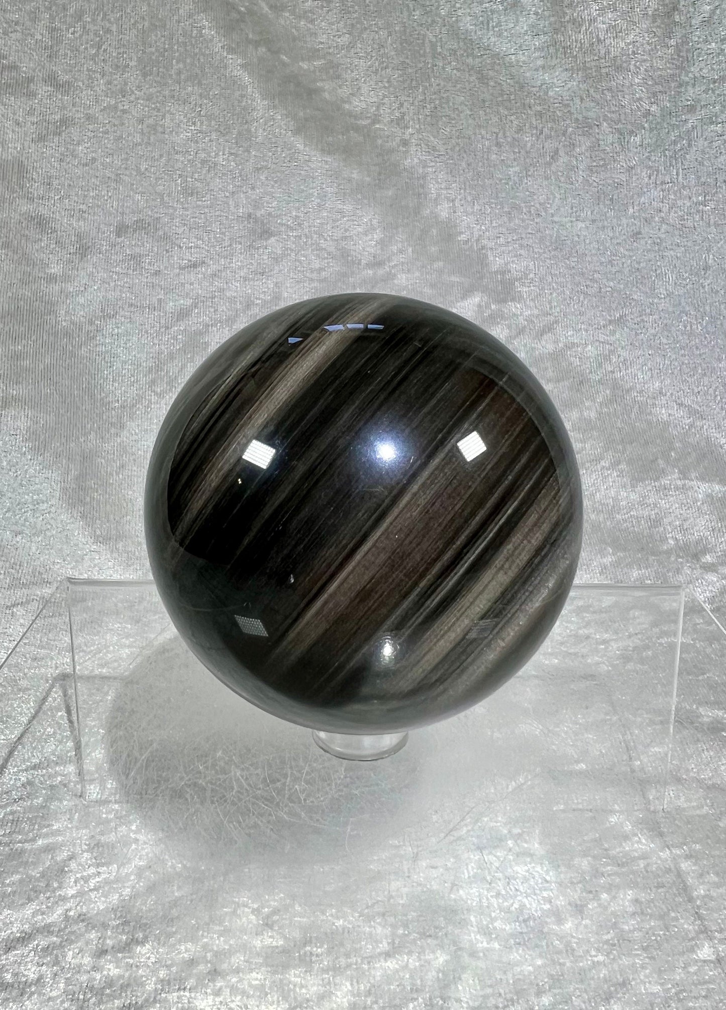 Gorgeous Silver Obsidian Sphere. 69mm. Stunning Silver Sheen Obsidian. Rare And Beautiful Crystal Sphere.