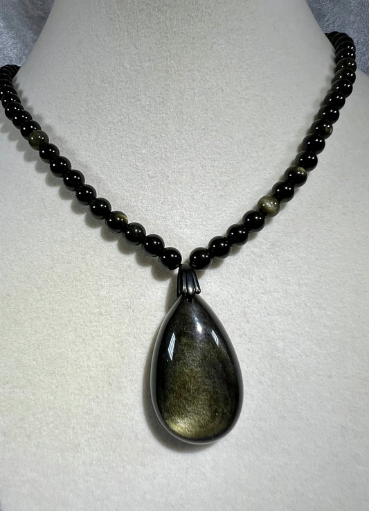Gorgeous Golden Obsidian Pendant. Stunning Gold Flash. Custom Made Obsidian Beaded Necklace. High Quality Crystal.