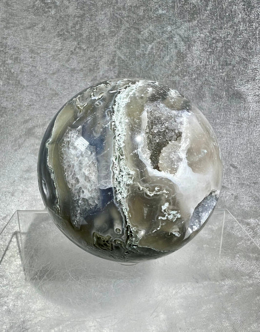 Druzy Moss Agate Sphere. 83mm. High Quality With Incredible Sugar Druzy. Rare Light Green Moss Agate. Stunning Crystal Sphere.