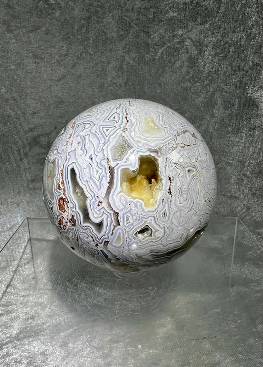 Gorgeous Druzy White Crazy Lace Agate Sphere. 77mm. Very Nice Banding And Patterns. High Quality Crystal Sphere