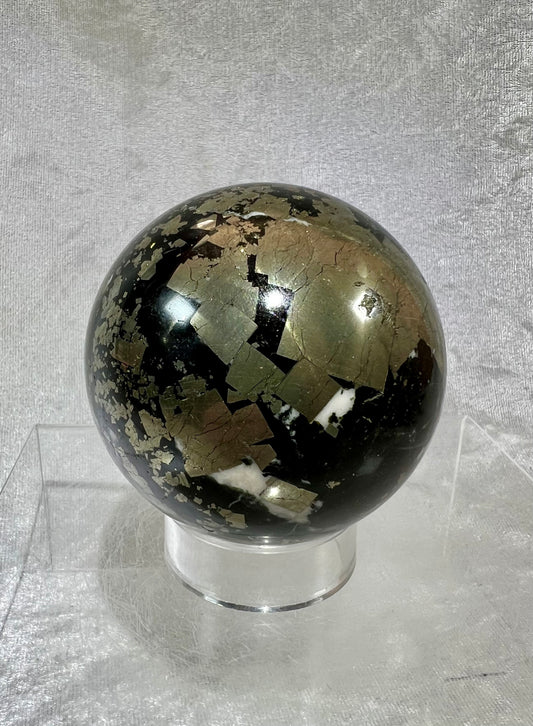Incredible Large Pyrite and Black Agate Crystal Sphere. 74mm. Very Beautiful Contrast In Colors. Awesome Crystal Sphere