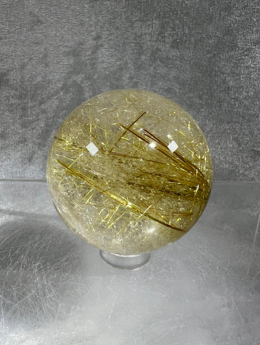 Beautiful Golden Rutile And Garden Quartz Sphere. Stunning Rainbows With A Small Green Garden. Amazing Display Sphere