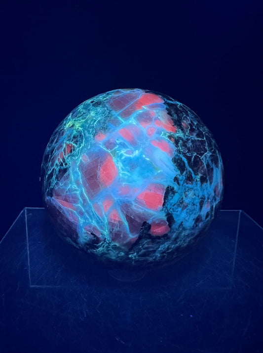 Gorgeous Kunzite And Pyrite Crystal Sphere. 72mm. Awesome UV Reactive Crystal. Amazing UV Display Sphere.