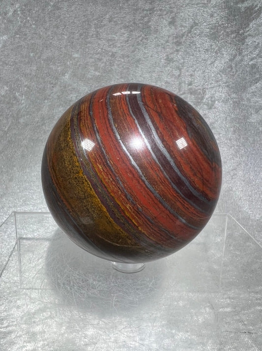 Very Rare Tiger Iron Crystal Sphere. 75mm. High Quality Display Crystal. Amazing Colors And Hematite Flash