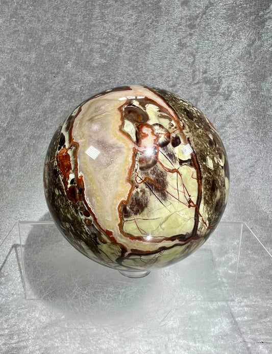Incredible Large Money Agate Sphere. 81mm. Very High Quality Crystal Sphere. Beautiful Indonesian Bloodstone. Wild Patterns And Colors.