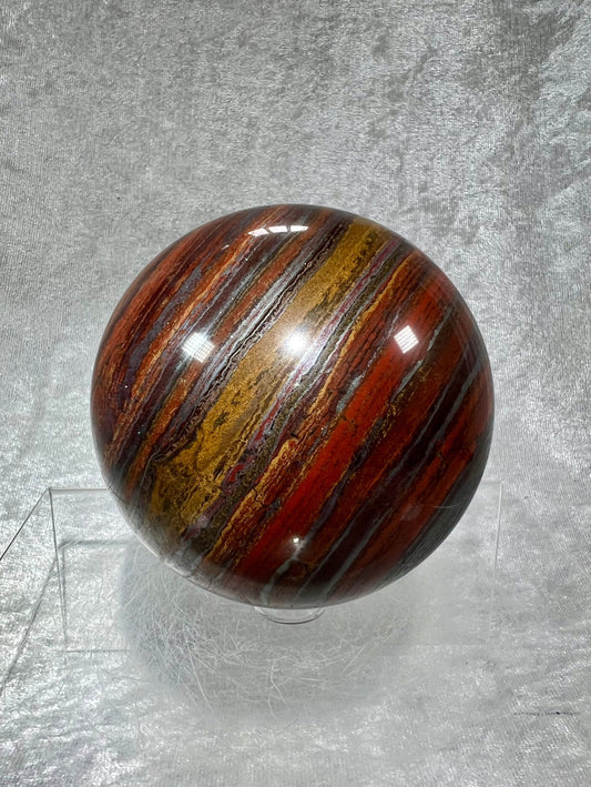 Amazing Tiger Iron Crystal Sphere. 82mm. High Quality Rare Crystal. Amazing Colors And Hematite Flash