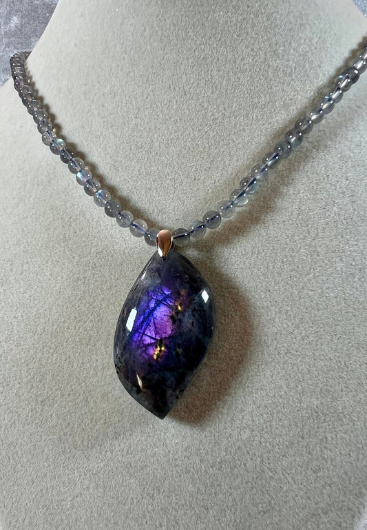 Stunning Labradorite Pendant. Incredible Purple And Orange Flash. Custom Made Labradorite Beaded Necklace. High Quality Crystal.