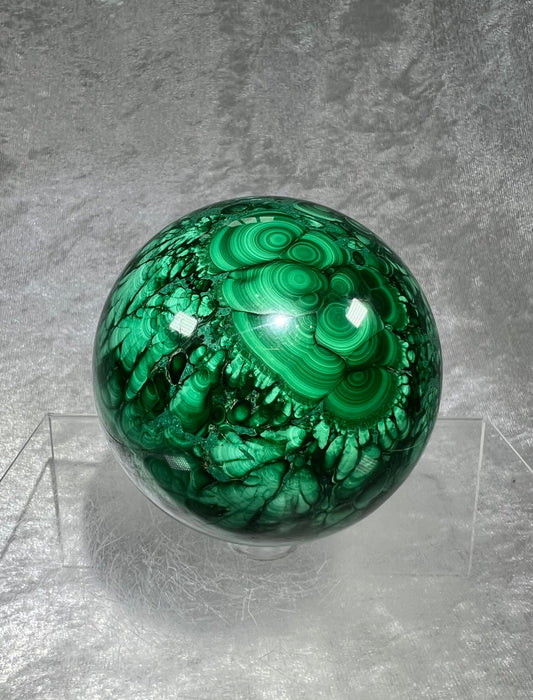 Amazing Large Malachite Sphere. 73mm. Very High Quality Crystal. Amazing Patterns And Colors. Perfect Collectors Piece!