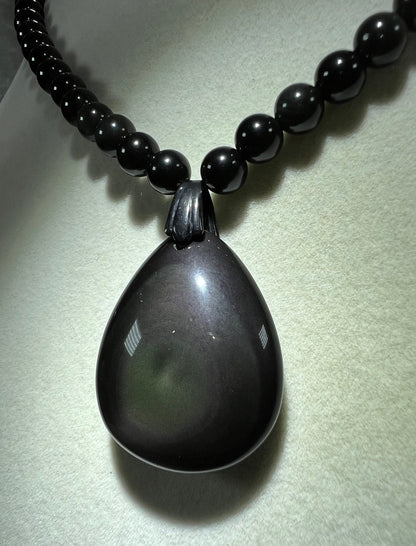 Gorgeous Rainbow Obsidian Pendant. Amazing Green And Purple Flash. Custom Made Obsidian Beaded Necklace. High Quality Crystal.