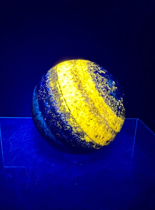 Beautiful Lapis Lazuli Sphere. Incredible UV Reaction. Very Nice Quality Crystal Sphere.