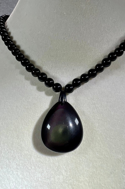 Gorgeous Rainbow Obsidian Pendant. Amazing Green And Purple Flash. Custom Made Obsidian Beaded Necklace. High Quality Crystal.