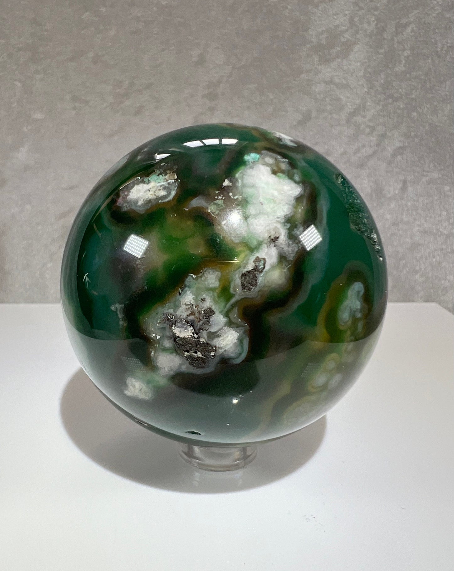 Stunning Green And Black Flower Agate Sphere. Awesome Sugar Druzy. Beautiful Color Combination With Green And Black.