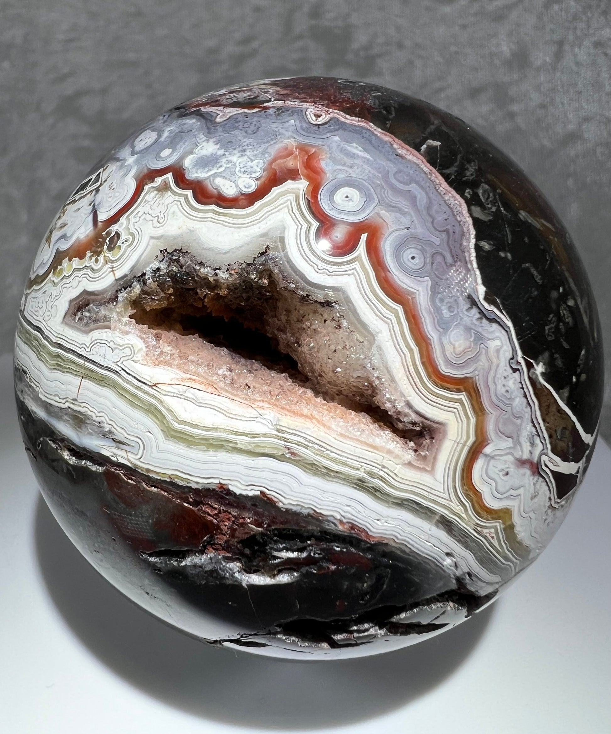 Druzy Mexican Crazy Lace Agate Sphere. 71mm. Beautiful Sugar Druzy With Incredible Patterns And Lacing.