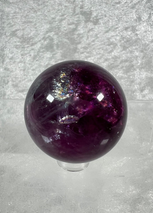 Beautiful Deep Purple Fluorite Sphere. Amazing Rainbows And Clarity.