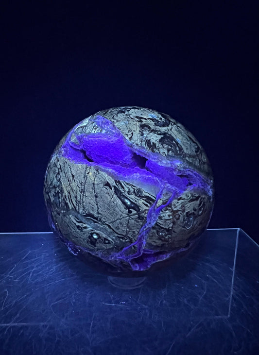 Stunning Purple Fluorite And Agate Sphere. 65mm. Amazing Sugar Druzy. Incredible UV Display Crystal.