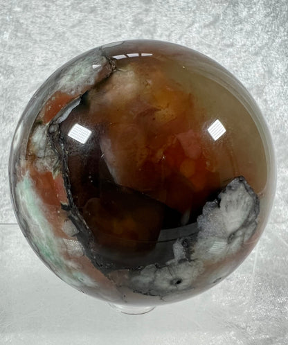 Amazing Green And Red Flower Agate Sphere. 70mm. Beautiful Colors And Flowers. Very Unique Crystal Sphere.