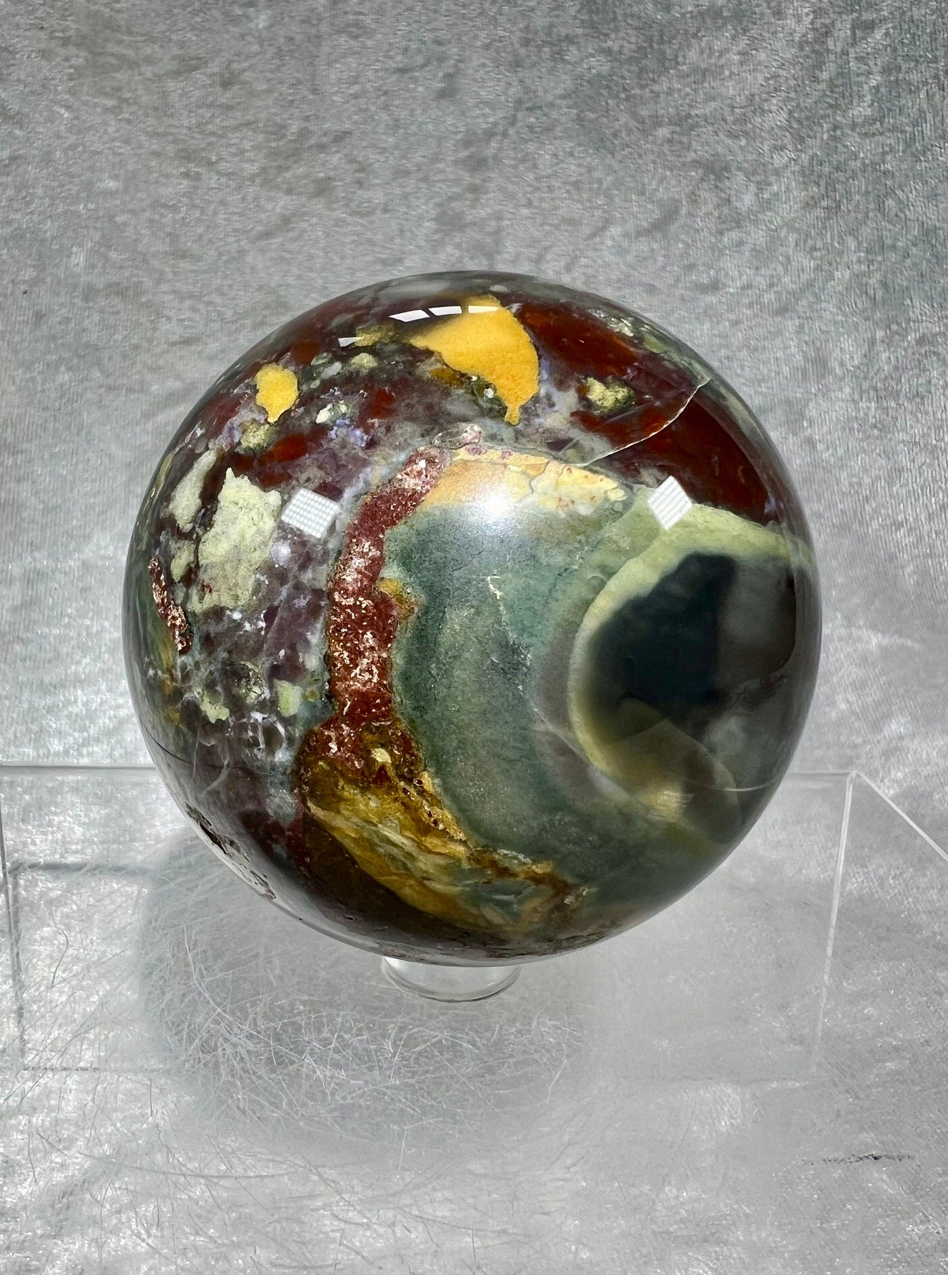 Amazing Colorful Ocean Jasper Sphere. 72mm. Wild Multi Colored Jasper. Gorgeous Crystal Display Sphere.