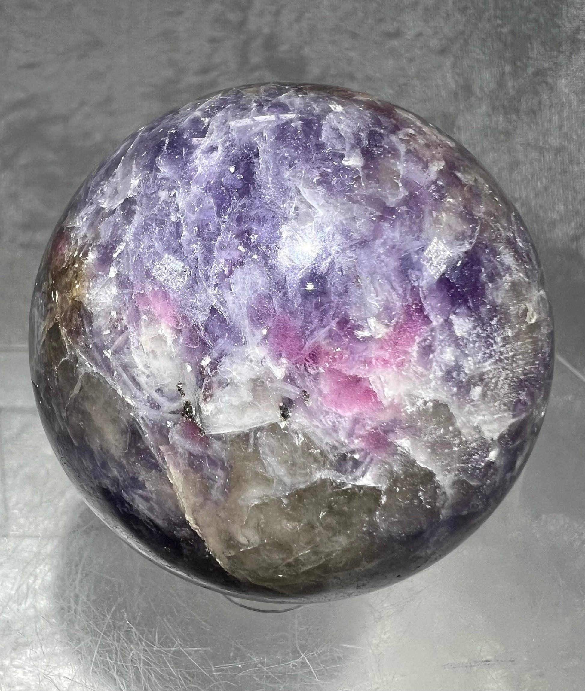 Rare Natural Unicorn Crystal Sphere. 62mm. Beautiful Combination Of Purple, Pink, And Smoky. Awesome Display Sphere.