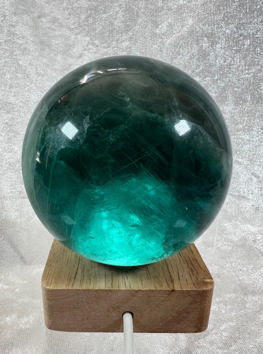 Beautiful Large Green Fluorite Sphere. 77mm. Includes White Light Stand! Very Pretty Display Sphere.