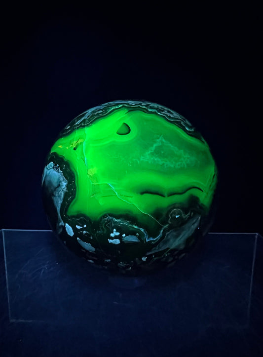 Incredible Volcano Agate Sphere. 68mm. Intense Green UV Reactive Volcanic Agate Sphere. High Quality Display Crystal.