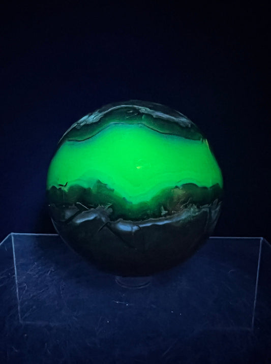 Stunning Volcano Agate Sphere. 70mm. Crazy Green UV Reactive Volcanic Agate Sphere. Very Cool UV Display Crystal.