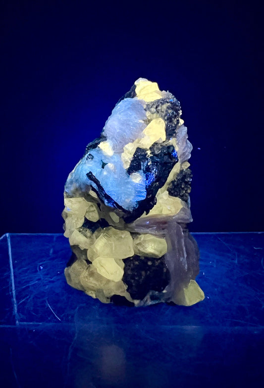 Gorgeous Barite And Cerussite On Galena Specimen. Lots Of Flash. Incredible Yellow UV Reaction. Very Unique Crystal Cluster
