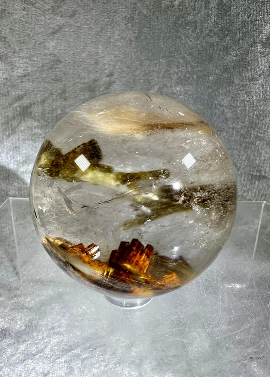 Very Rare Tourmaline And Rabbit Hair Quartz Sphere. 57mm. Amazing And Rare Inclusions. High Quality Rutile Sphere.