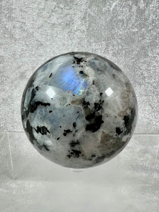Large Rainbow Moonstone Crystal Sphere. 73mm. Lots Of Beautiful Rainbow Flash. Very High Quality Crystal Sphere.