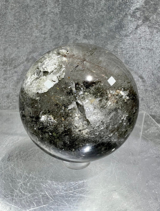 Rare Garden Quartz And Rutile Sphere. 59mm. Stunning Golden Rutiles With A Green And White Garden. Very Cool Display Sphere.