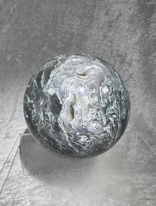 XL Druzy Moss Agate Sphere. 92mm, 2.4 lbs. Rare High Quality Light Green Moss Agate. Stunning Crystal Display Sphere.