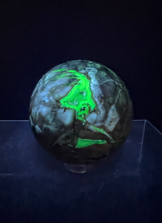 Amazing Volcano Agate Sphere. 57mm. Beautiful Sugar Druzy. High Quality UV Reactive Volcanic Agate Sphere.