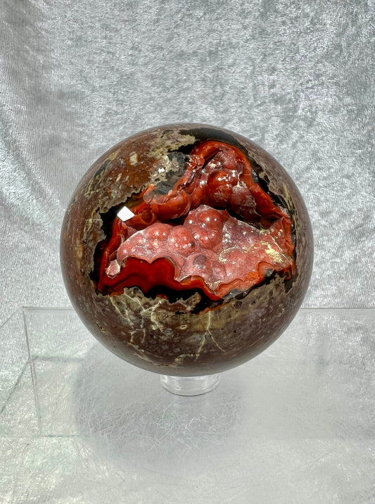 Amazing Volcanic Red Fox Agate Sphere. 62mm. Incredible Botryoidal Nodules. Insane Looking Orrelanite Display Sphere.