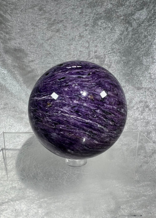 Gorgeous Large Charoite Sphere. 67mm. Very Rare And Stunning. Amazing Patterns And Colors. Beautiful Collectors Piece!