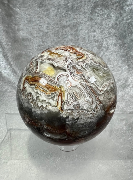 Gorgeous Mexican Crazy Lace Agate Sphere. 66mm. Very Nice Quality. Beautiful Druzy And Patterns On This Sphere