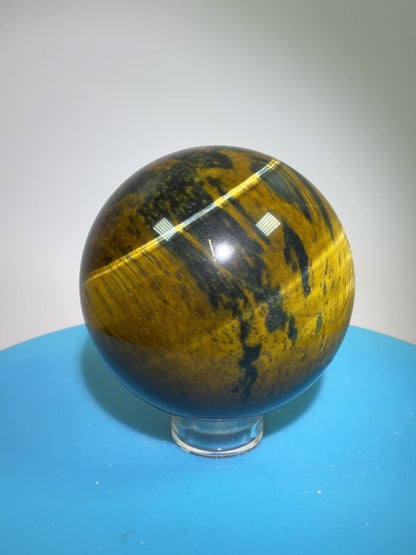 Blue Tigers Eye Sphere. Rare Blue And Gold Hawks Eye Crystal. Beautiful Colors And Flash