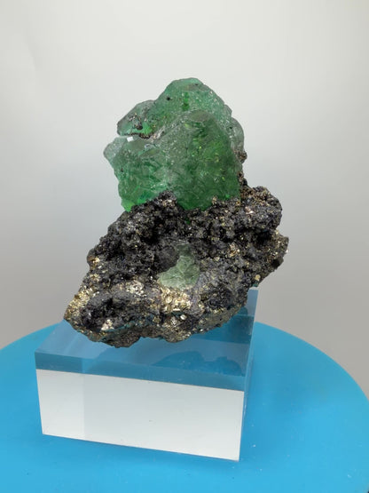 Green Fluorite And Pyrite Specimen From The Famous Milpo Mine In Peru. High Quality Rare Fluorite Specimen. Gorgeous Display Crystal