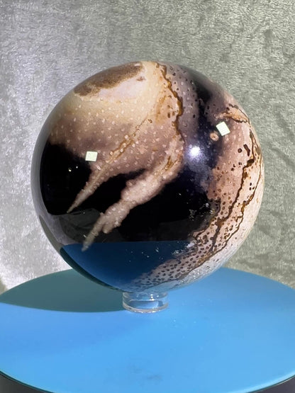 Palm Root Agate Sphere. 77mm. Gorgeous Fossilized Black Palm Root Agate. Very High Quality Crystal Sphere.