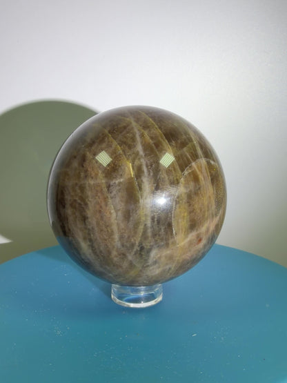 Black Moonstone Crystal Sphere. 55mm. Stunning Bright Silver Flash. High Quality Display Sphere