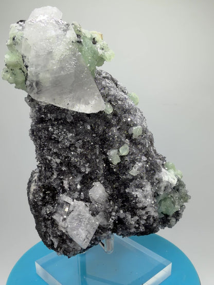Rare Babingtonite, Prehnite, And Calcite Cluster. High Quality Mineral Specimen From Sichuan Province China. Amazing Rare Display Crystal.