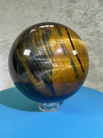 Blue Tigers Eye Sphere. Rare Blue And Gold Hawks Eye Crystal. Beautiful Colors And Flash