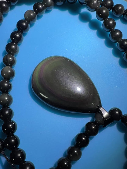 Rainbow Obsidian Pendant. Gorgeous Teardrop Cabochon. Custom Made Beaded Necklace. High Quality Jewelry