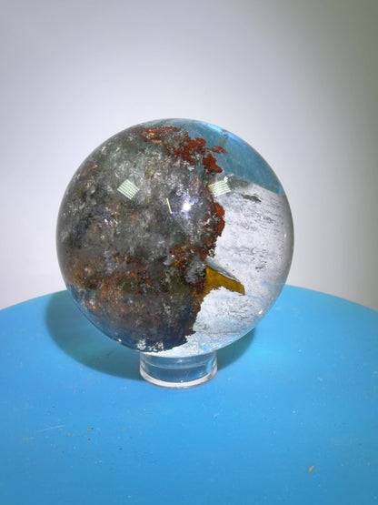 Garden Quartz Lodolite Sphere. High Quality Colorful Landscape. Beautiful Display Sphere