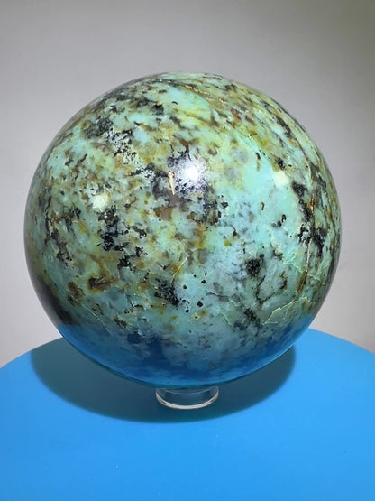 African Turquoise Crystal Sphere. 74mm. Incredible Chrysocolla From South Africa. Very Rare Display Sphere.