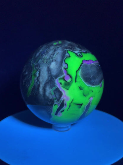 Volcano Agate With Purple Chalcedony Sphere. 68mm. Beautiful Rare Purple And Green UV Reaction. Amazing High Quality Display Sphere.