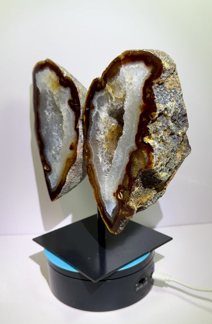 Agate Geode Wings From Brazil. Gorgeous Large Split Geode On A Custom Stand. Amazing Druzy Display Crystal