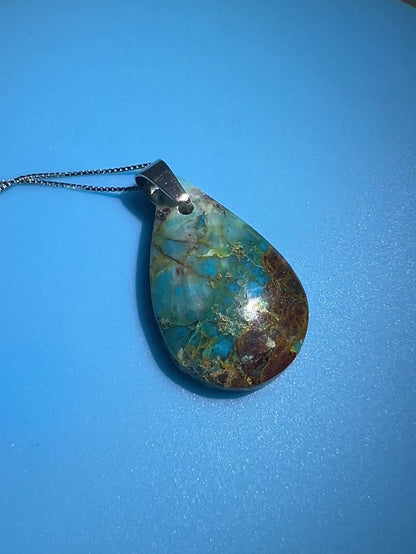 Chrysocolla Teardrop Pendant. Rare Water And Wine Chrysocolla From Peru. Stunning Color Combination. Includes S925 Silver Necklace.