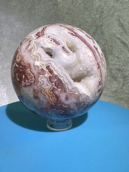 Mexican Crazy Lace Agate Sphere. Gorgeous High Quality With Amazing Druzy And Patterns. Rare Shades Of Pink.