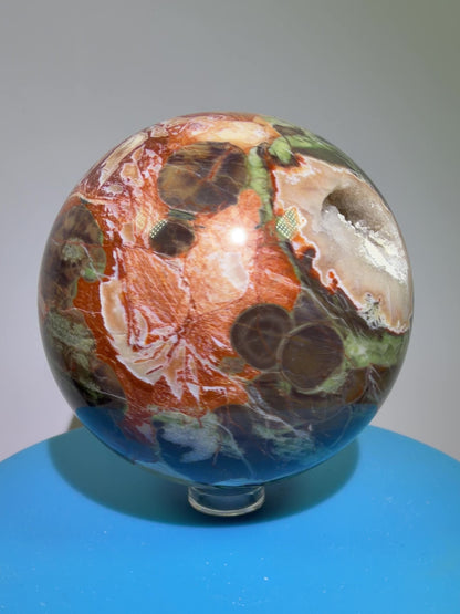 Money Agate Crystal Sphere. 73mm. Very Rare Shades Of Green. Stunning Druzy Indonesian Bloodstone. Amazing Colors And Patterns