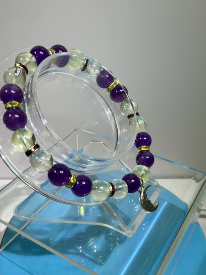 Amethyst And Citrine Crystal Bead Bracelet. 8mm. High Quality Bracelet With Amazing Spacers And Moon Charm.